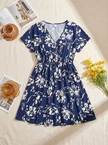 SHEIN VCAY 大码波西米亚风度假花卉印花蝙蝠袖短袖 V 领连衣裙，适合夏季 - 藏蓝色 - 查看 6