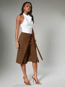 Hauture 女士性感休闲纯色修身裹身阔腿裤百慕大短裤，带系带细节 - 棕色 - 查看 4