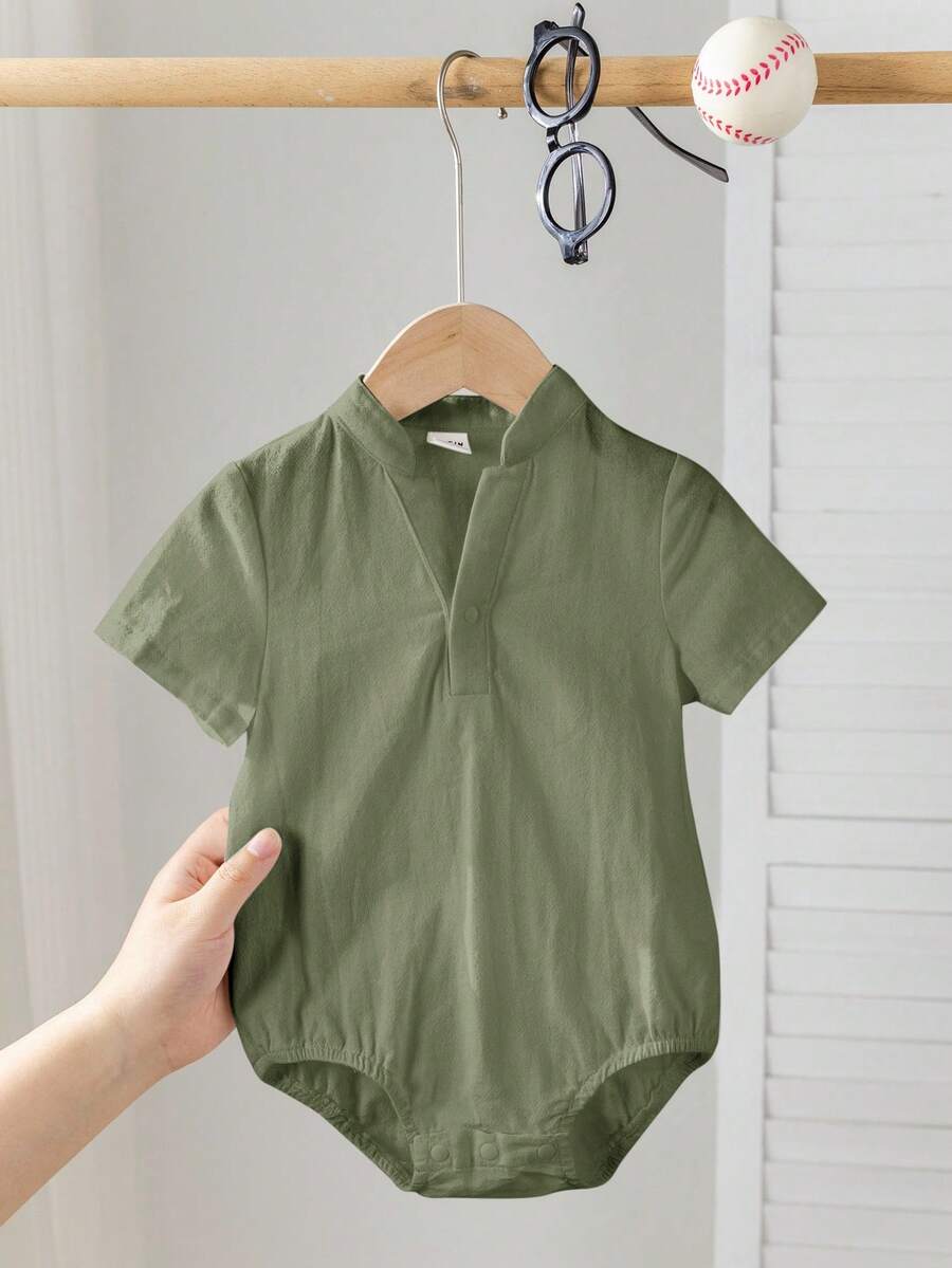 SHEIN 男女宝宝休闲日常穿着立领按扣连体衣,适合春夏室内/室外穿着 - 綠色 - 查看 1