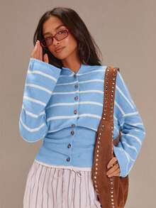 Athîral Women's Striped Drop Shoulder Long Sleeve Single-Breasted Cardigan - Baby Blue - View 1