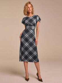 COSMINA 女士优雅短袖格子收腰中长连衣裙，适合通勤、度假、办公、婚礼季、早春等各种场合，是女士工作服、办公室职业装、职场穿搭的理想之选。格子连衣裙，女士连衣裙。 - 彩色 - 查看 1