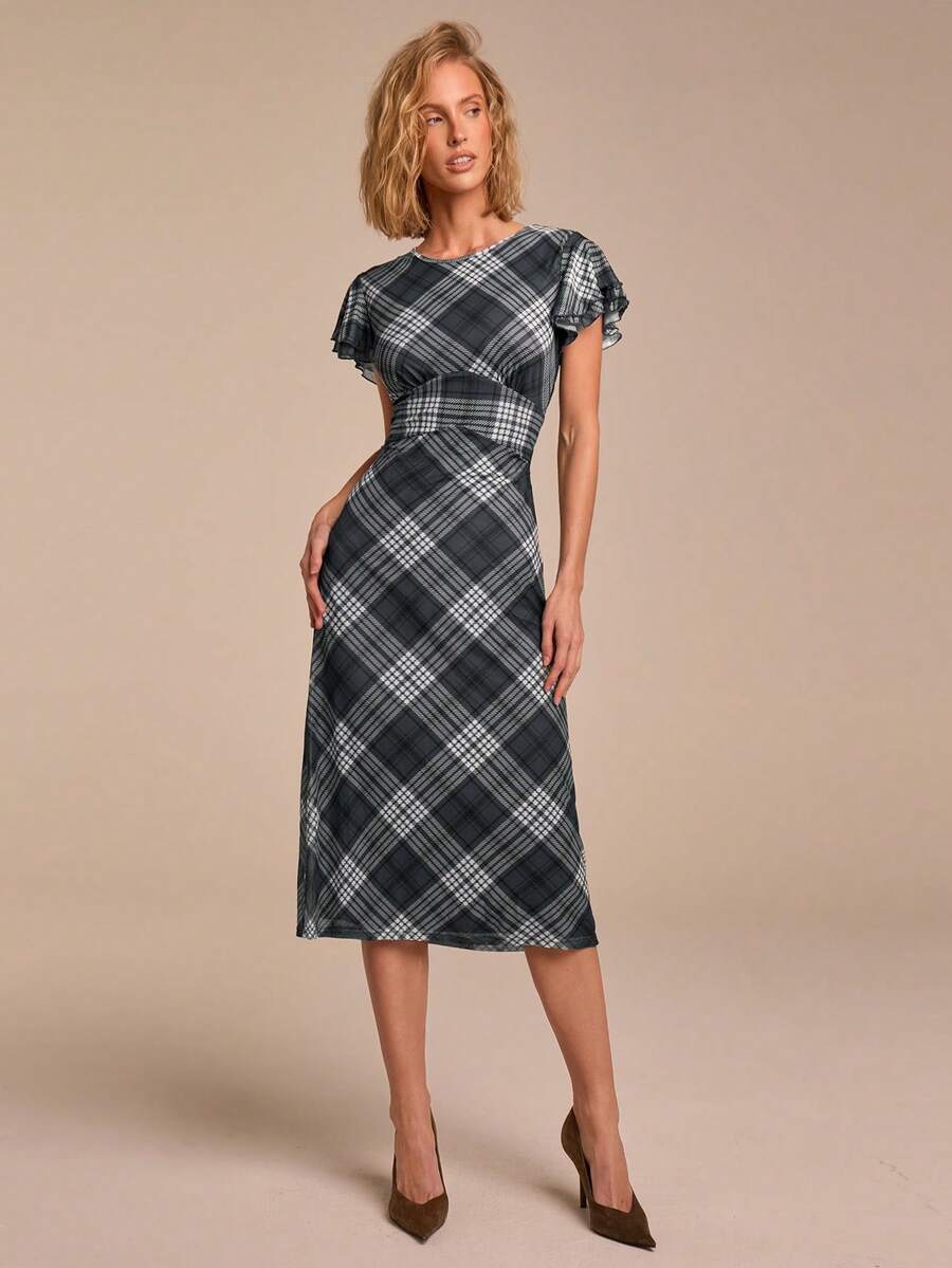 COSMINA 女士优雅短袖格子收腰中长连衣裙，适合通勤、度假、办公、婚礼季、早春等各种场合，是女士工作服、办公室职业装、职场穿搭的理想之选。格子连衣裙，女士连衣裙。 - 彩色 - 查看 1