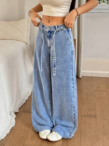 Rivivi Women's Casual Washed Wide Leg Jeans - Light Wash - View 3