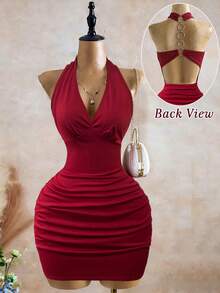 INAWLY Women's Slim Fit Sexy Backless V-Neck Halter Dress - Red - View 1