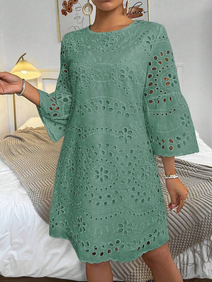 Breezaya Vestido casual de mujer con cuello redondo, mangas acampanadas, bordado y calado con diseño floral - Verde - Ver 1