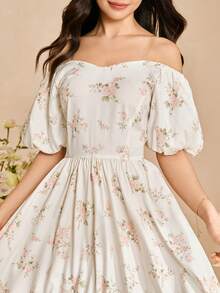 少女优雅印花露肩夏季派对连衣裙 - 白色 - 查看 6