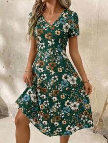 SHEIN Clasi V-Neck Button Red Polka Dot Waist Cinched Women Dress,Spring Clothes,Valentine Day Dress - Dark Green - View 6