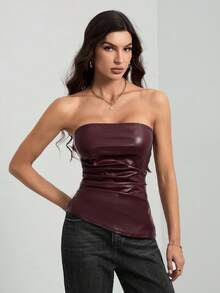 SHEIN Tall 纯色褶皱时尚夏季修身抹胸上衣 - 中紫紅色 - 查看 8