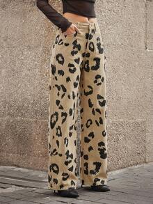 Selenza 女士豹纹水钻装饰口袋阔腿牛仔裤 - 杏色 - 查看 5