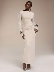 Normani Women's Solid Color Boat Neck Pleated Backless Elegant Minimalist Dress For Formal Occasions White Backless Dress Open Back Dress Bodycon Maxi Dress Women White Sexy Dress Women Elegant White Dress Curve - Beige - View 2