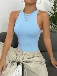 SHEIN EZwear Blue Ribbed Knit Bodysuit, Spring/Summer - Blue - View 3