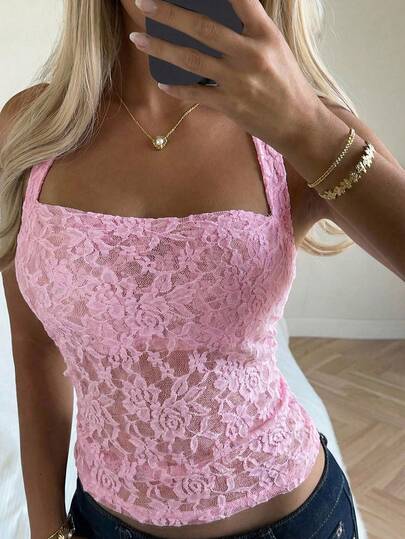 CovetEZ New Arrival Summer Fashionable Sexy Sheer Lace Light Pink Blouse For Women