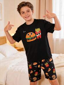 SHEIN 2pcs Tween Boy Casual Minimalist Round Neck Short Sleeve T-Shirt And Hamburger Print Loose Pajama Pants 2 Pieces Sleepwear Set - Multicolor - View 5