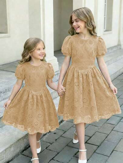 Elegant Red Petal Sleeve A-Line Dress For Older Kids, Spring/Summer, Embroidered Decor, Suitable For Family Gatherings, Festivals And Daily Wear