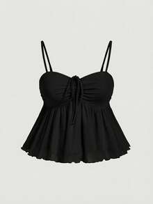 SHEIN MOD Plus Size Women Casual Solid Color Camisole & Mini Skirt Set - Black - View 8