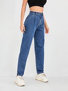 SHEIN ICON Casual Washed High Waist Tapered Denim Jeans - Blue - View 3
