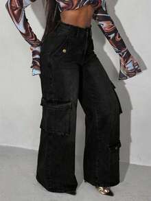 Slaydiva 大码休闲水洗毛边口袋牛仔工装裤 - 黑色 - 查看 4