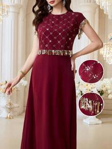 Al Najma Vestido de estilo árabe para mujer con adornos de strass elegantes - Burdeos - Ver 1