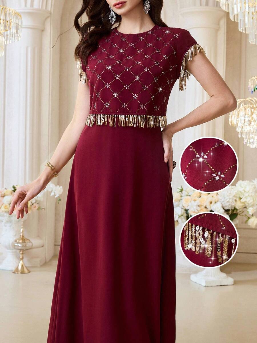 Al Najma Vestido de estilo árabe para mujer con adornos de strass elegantes - Burdeos - Ver 1