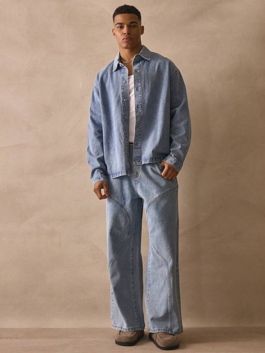 Musero Baggy Washed Seam Detail Denim Pants Button Fastening Jeans Trouser Spring Summer Holiday Essentials - Light Wash - View 1