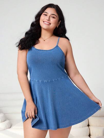 Solflare Plus Size Casual Washed Denim Spaghetti Strap Dress, Summer Spring To Summer Carnival Costume Commuting Vacation Graduation Chic Y2k Cute Streetwear Coquette Party Wedding Elegant Business Casual Woman Blue Women's Plus Size Denim Sleeveless Spaghetti Strap Mini Dress Summer Casual Minimalist Denim Dress Simple Workwear Dress Cute Denim Dress Sweet & Elegant Style