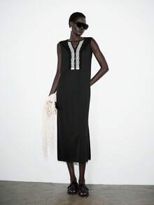 Chiquease Women's Elegant Solid Color V-Neck Contrast Trim Tie Waist Sleeveless Split Hem Dress, Summer - Black - View 7