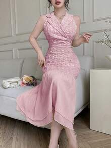 Modelyn Elegant Blazer Collar Double-Breasted Chiffon Patchwork Jacquard Yellow Dress - Pink - View 3