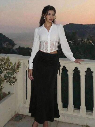 SHEIN MOD 女士纯色撞色蕾丝灯笼袖修身短款上衣，适合工作和通勤，春秋季