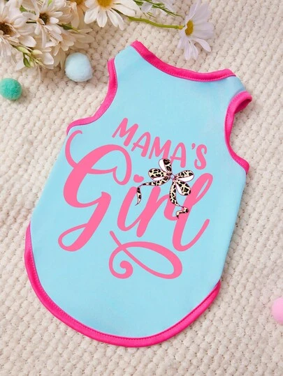 PETSIN 1pc Rose Red MAMA Letter Leopard Print Bow Print Pet Vest Blue Patchwork Rose Red Casual Pet Clothing