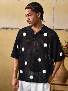 ROMWE MEN Street Life Men's 3D Floral Hollow-Out Knit Sweater - Black - View 4