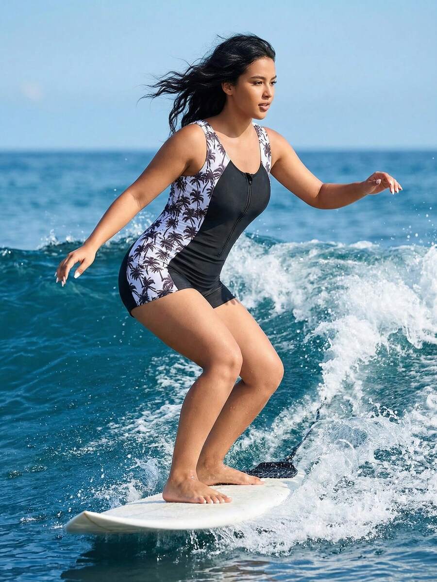 Swim SPRTY 大码女式无袖拉链拼接印花休闲度假连体泳衣，夏季 - 彩色 - 查看 1