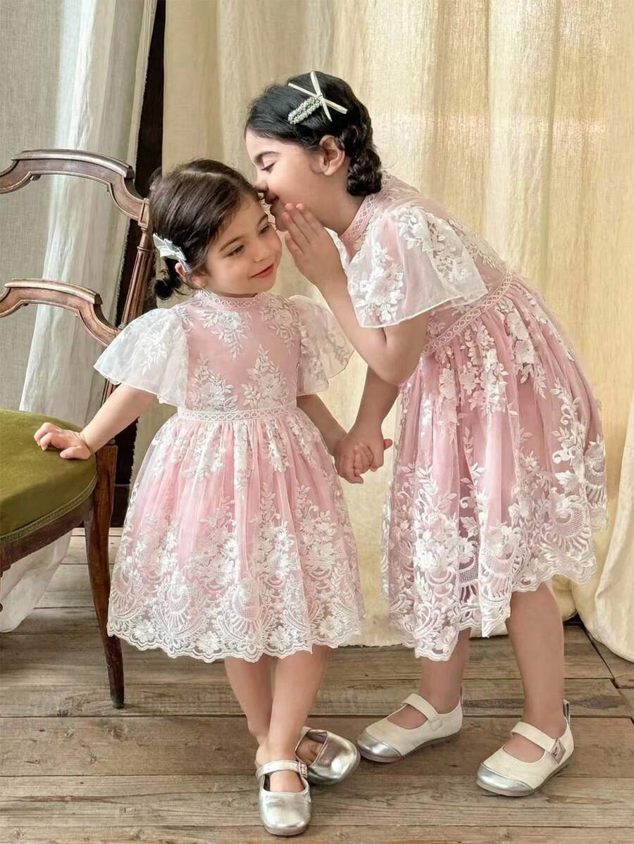 Young Girls Elegant Back To School Summer Short Sleeve Embroidered Dress Mandarin