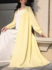 Graceveil Abaya elegante de moda para mujer con etiqueta de cuero amarilla y diseño árabe - Amarillo - Ver 1