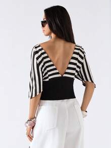 LYSMO 2026 New Arrive Minimalism Spring/Summer Women's Sexy Striped Patchwork Criss-Cross Tie Front T-Shirt, Summer - Black and White - View 2