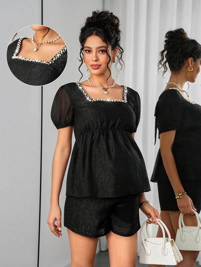 SHEIN Ensemble élégant de Top à manches courtes avec détail de faux perles au col carré et short de maternité