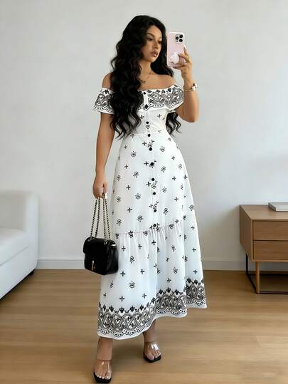 Rafferiza Women's Summer Vacation Fully Allover Print Off-Shoulder Ruffle Hem Dress