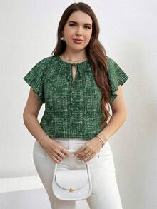 SHEIN Clasi Áo kiểu mùa hè cỡ lớn, kiểu dáng thường ngày, cổ khoét lỗ, tay bồng. - Màu xanh lá cây đậm - Xem 5