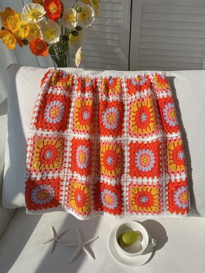 Comfortcana Plus Size Women Checkered Fashionable Knit Skirt, Suitable For Vacation