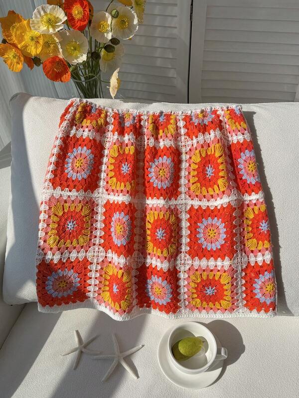 Comfortcana Plus Size Women Checkered Fashionable Knit Skirt, Suitable For Vacation