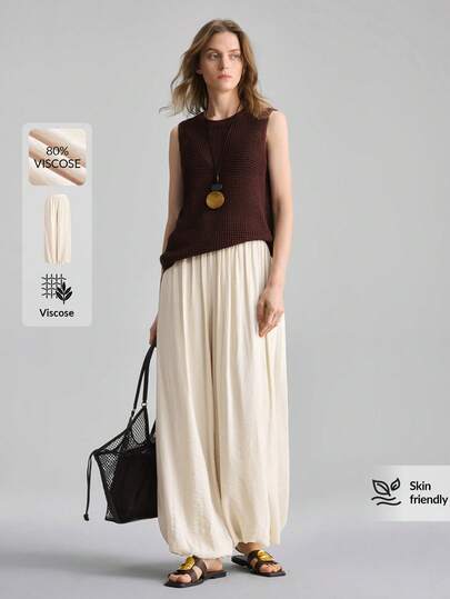 Ontre 2026ss Women's Light Apricot Comfortable Soft Peach Blossom Pleated Front Elastic Waist Side Pockets Harem Pants, Modern Urban Fashion Business Casual Office Wear, Low-Key Vintage High-End Style, High-Quality Airport/Cruise Outfit, Middle East Elegant Wedding Guest Attire, Minimalist Luxurious Feel, Versatile All-Season Casual Series Design Country Concert, Western Style Clothing, High-Grade Fabric, Comfortable And Breathable Bohemian Style Vacation Wear