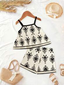 SHEIN [ 2 Pieces ] Baby Girl Aged 6 Months To 2-3 Years Old, Retro Rice White Background Black Pattern Geometric Floral Print+Black Border Decorative Suspender+Shorts, Thin Fabric, Elegant And Artistic Two Pieces Set For Beach Vacation/Daily Outdoor Summer Baby Girl's Clothing - Multicolor - View 3