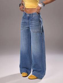 TRNVIE Jeans amples et décontractés à taille haute et jambes évasées avec poches pour femmes - Bleu azur - Voir 3