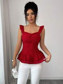 Elenzga Blusa roja de mujer con cuello cuadrado de volantes, cintura recogida y estampado de lunares texturizado, de estilo francés, primavera/verano, de lujo y elegante - Rojo - Ver 3