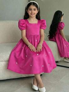 Tween Girl Elegant Square Neck Gigot Sleeve Pearl Decor Dress - Hot Pink - View 5