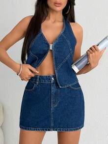 SHEIN Women's Sexy Front Button Halter Denim Top And Denim Mini Skirt Set - Medium Wash - View 3