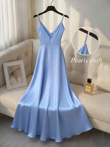 SHEIN Franclia Đầm maxi dáng dài, thanh lịch, cổ điển, thích hợp cho hoạt động ngoài trời mùa hè, mặc hàng ngày, đi nghỉ mát, đi làm, hẹn hò, dự tiệc, đi biển. Thiết kế điểm nhấn là ngọc trai, cổ chữ V, không tay, dài đến mắt cá chân. - Màu xanh lam - Xem 2