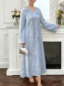 Al Najma 新款V领提花手工3D立体花卉优雅高端时尚派对宴会浪漫度假礼服 - 淺藍色 - 查看 1