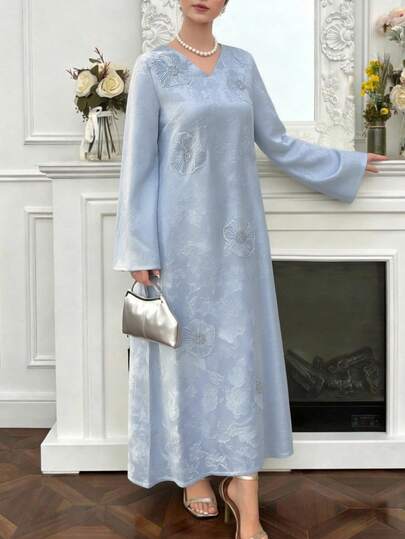 Al Najma 新款V领提花手工3D立体花卉优雅高端时尚派对宴会浪漫度假礼服