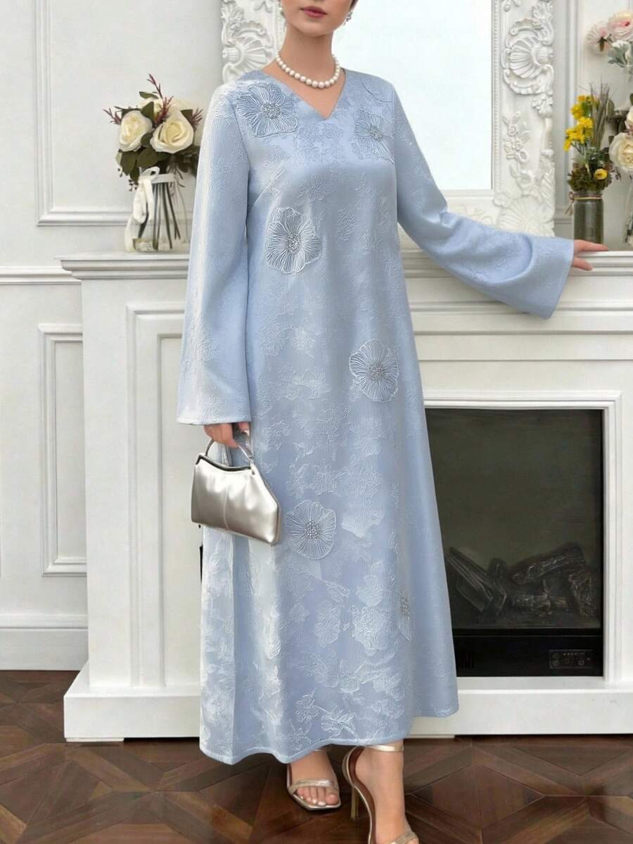 Al Najma 新款V领提花手工3D立体花卉优雅高端时尚派对宴会浪漫度假礼服 - 淺藍色 - 查看 1