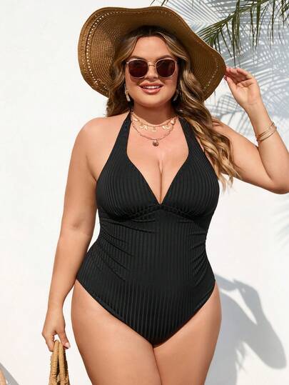 SHEIN CURVE+ Plus Size Textured Fabric Halter One Piece Swimsuit For Summer Beach Vacation,Ladies' Solid Color Swimsuit,Beach Outfits For Woman,Plus Size Swim Suit 1 Piece Woman,Bathing Suits,Slimming Swimsuit
